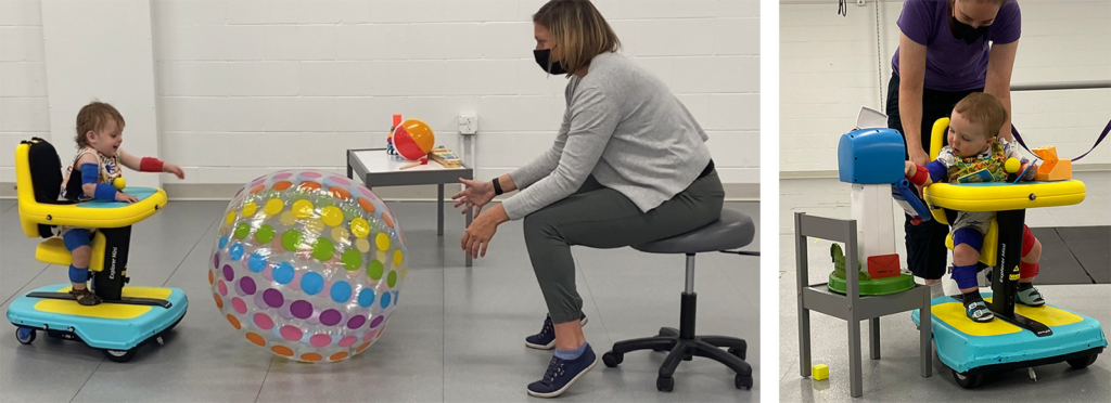 Two photos of children in ride-on toys gaining mobility to explore other toys, both accompanied by a parent.