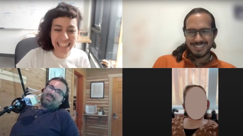 Teleconference screenshot of 4 people: Patrícia Alves-Oliveira (top left), Amal Nanavati (top right), Tyler Schrenk (bottom left), and an anonymous participant (bottom right)