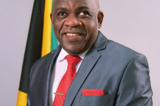 Senator Floyd Morris, a black man wearing a grey suit and red tie, seated in front of the Jamaican flag. 
