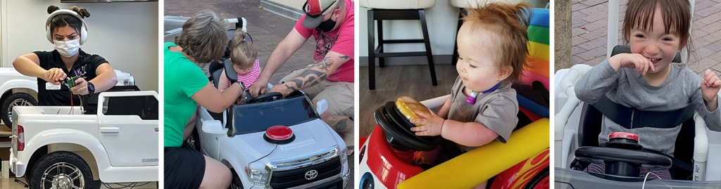 Composite of 4 images from Go Baby Go workshops: participants modifying ride-upon toys and excited toddlers sitting in a variety of toys.