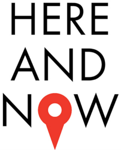 Here and Now logo with a red location marker in place of the letter O.