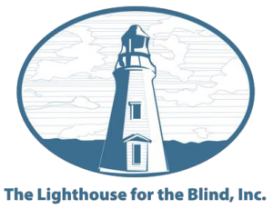 Lighthouse for the Blind, Inc. logo, with a graphic of a lighthouse in front of wavy water and faint blue sky and clouds.