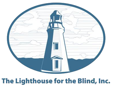 Lighthouse for the Blind, Inc. logo, with a graphic of a lighthouse in front of wavy water and faint blue sky and clouds.