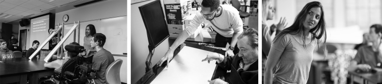 A black and white collage of UW students working with adults with various mobility and communication disabilities to develop tools to improve their function.
