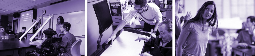 A purple-tinted collage of UW students working with adults with various mobility and communication disabilities to develop tools to improve their function.