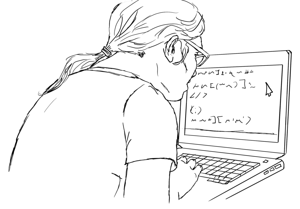 From the first page of the book, a line drawing of a person hunched over a laptop with their face close to the screen which is populated by large, unreadable characters.