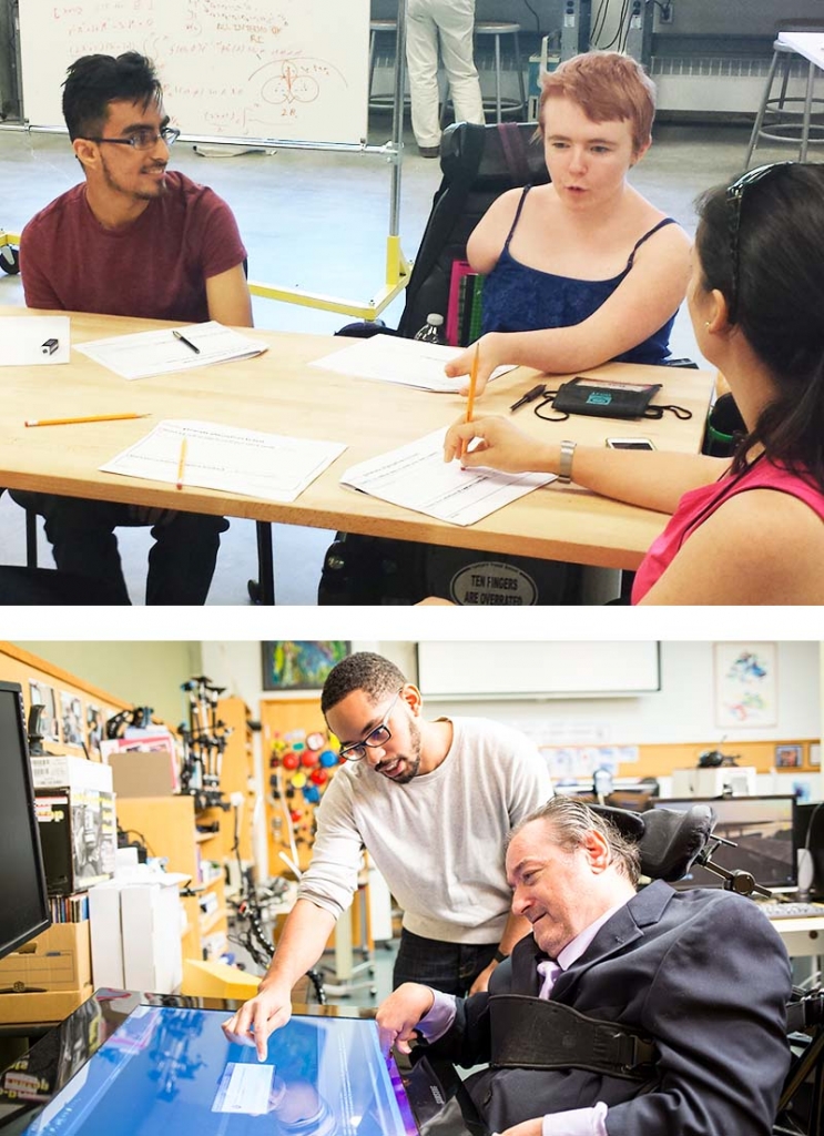 Top photo: student with dexterity disability working with 2 others on design. Bottom photo: Student works with participant to test touch-enabled devices for people with motor impairments
